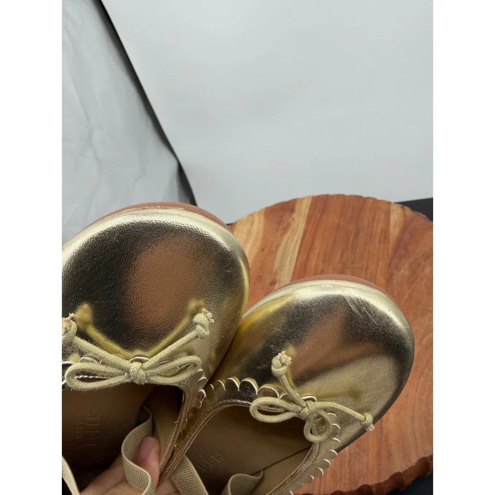 Mini Boden Scalloped Ballet Flats girls 2 33 Gold Metallic Leather Bow Strap